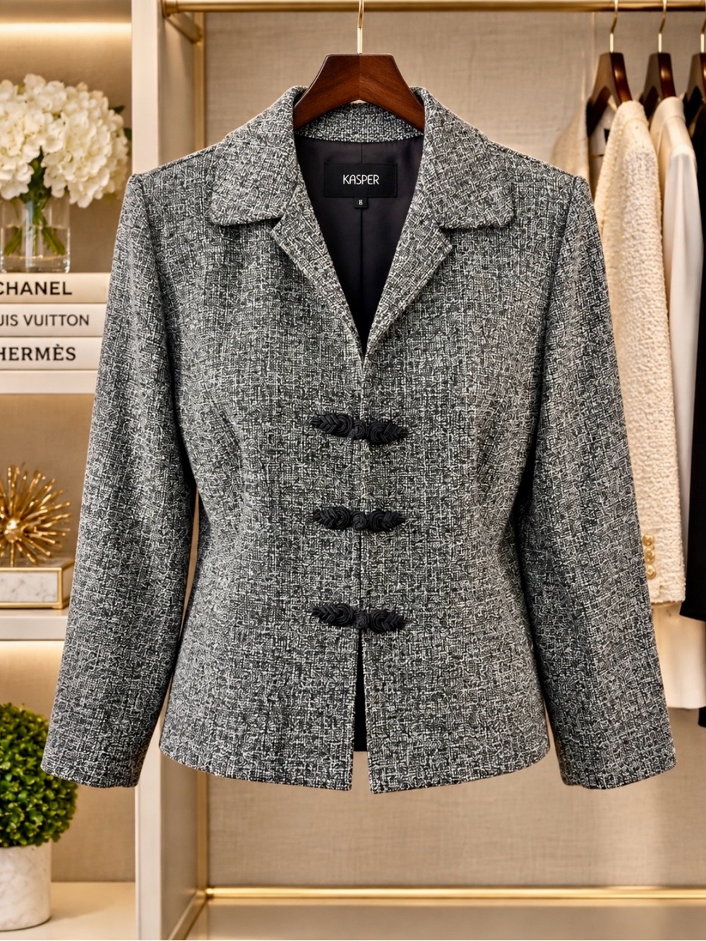 Dorby Gray Tweed Frog-Closure Blazer Jacket